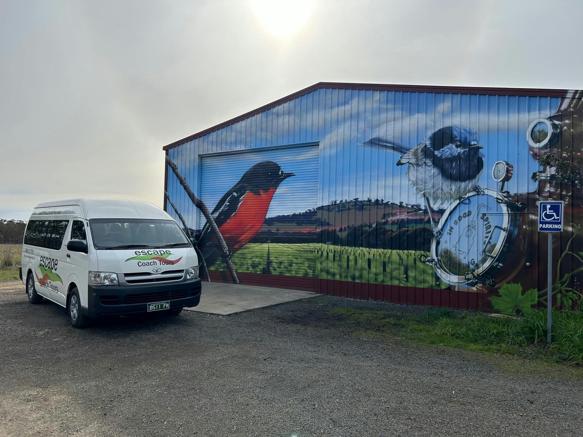 A van is parked in front of a shed with mural with birds.