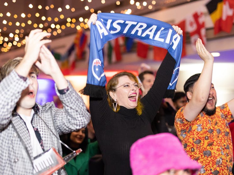 Women supporting Australia at Eurovision celebrations in Hurstville New South Wales
