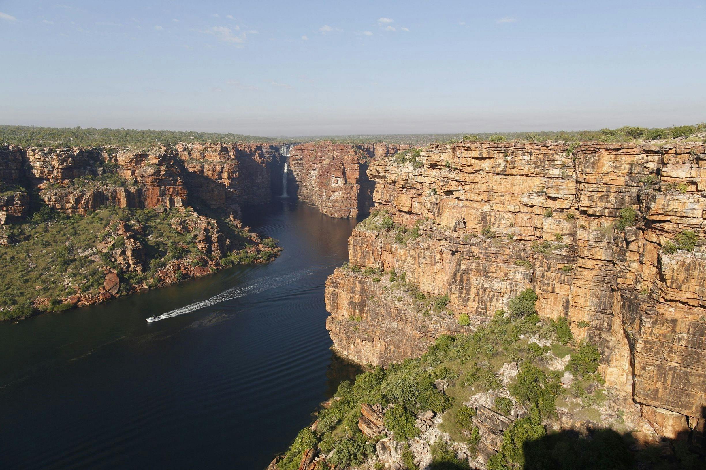 Cruise ship tender vessel departs Ooomari King George Falls through the King George River
