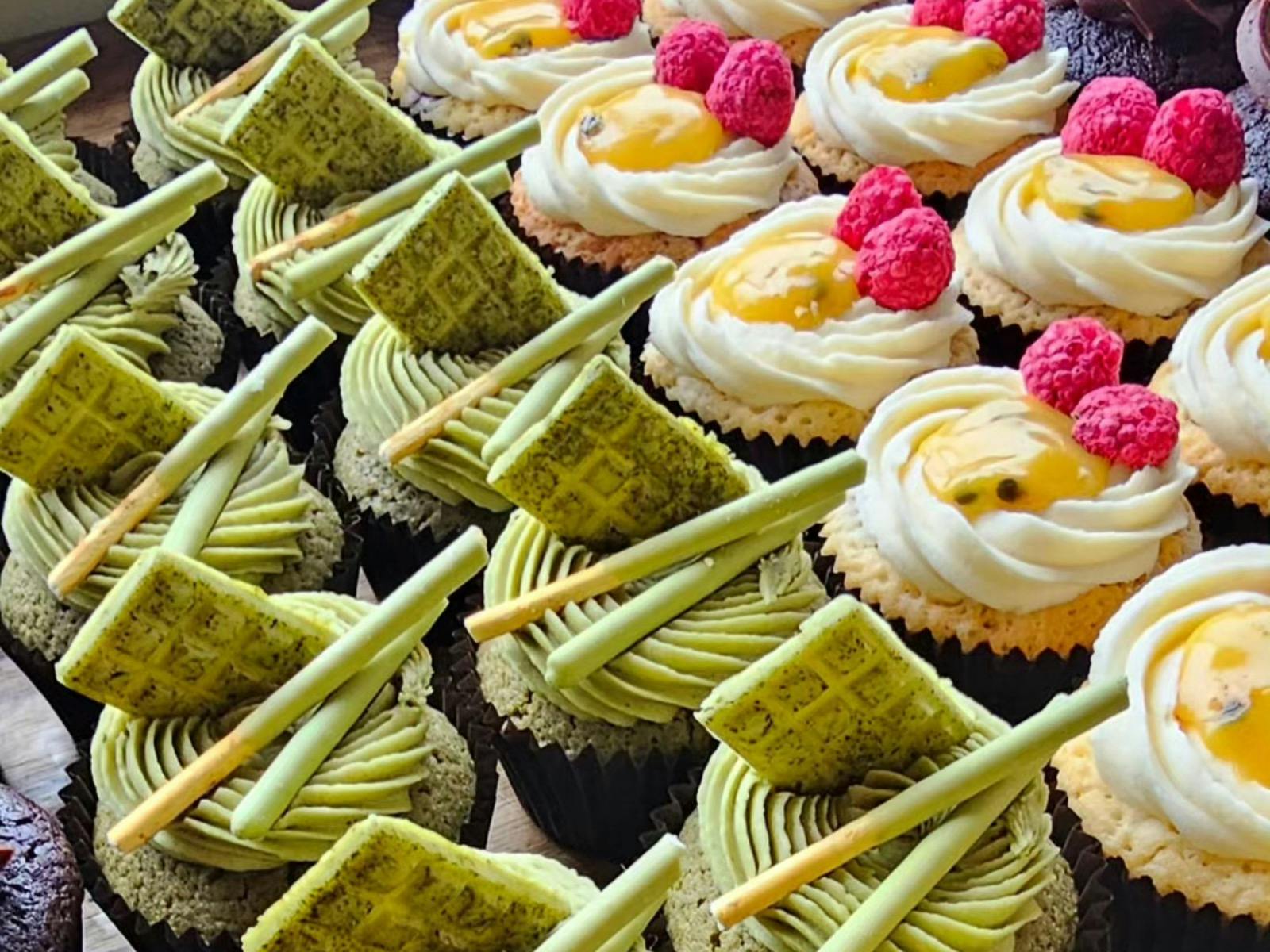 Various beautiful sweet treats in perfect lines.