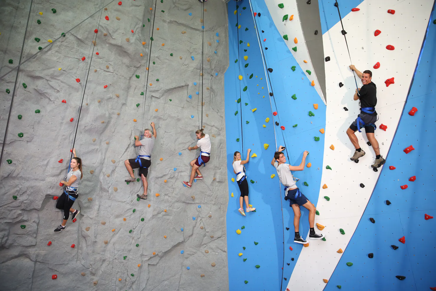 Six people scaling the rock climbing wall at Sunshine Coast Recreation Precinct