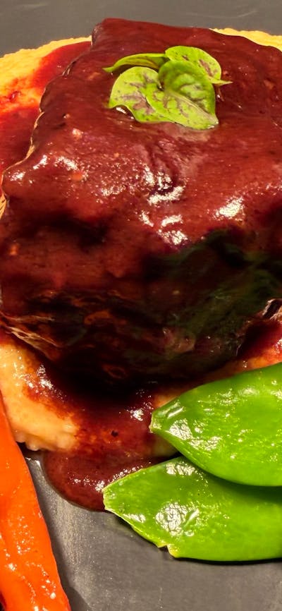 Braised Beef Cheek, Creamy Polenta, Snow Peas and Dutch Carrots