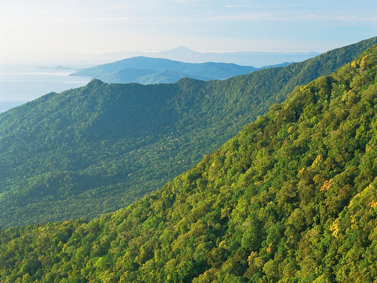 View over green rainforest-clad hills to the ocean and islands in the distance.