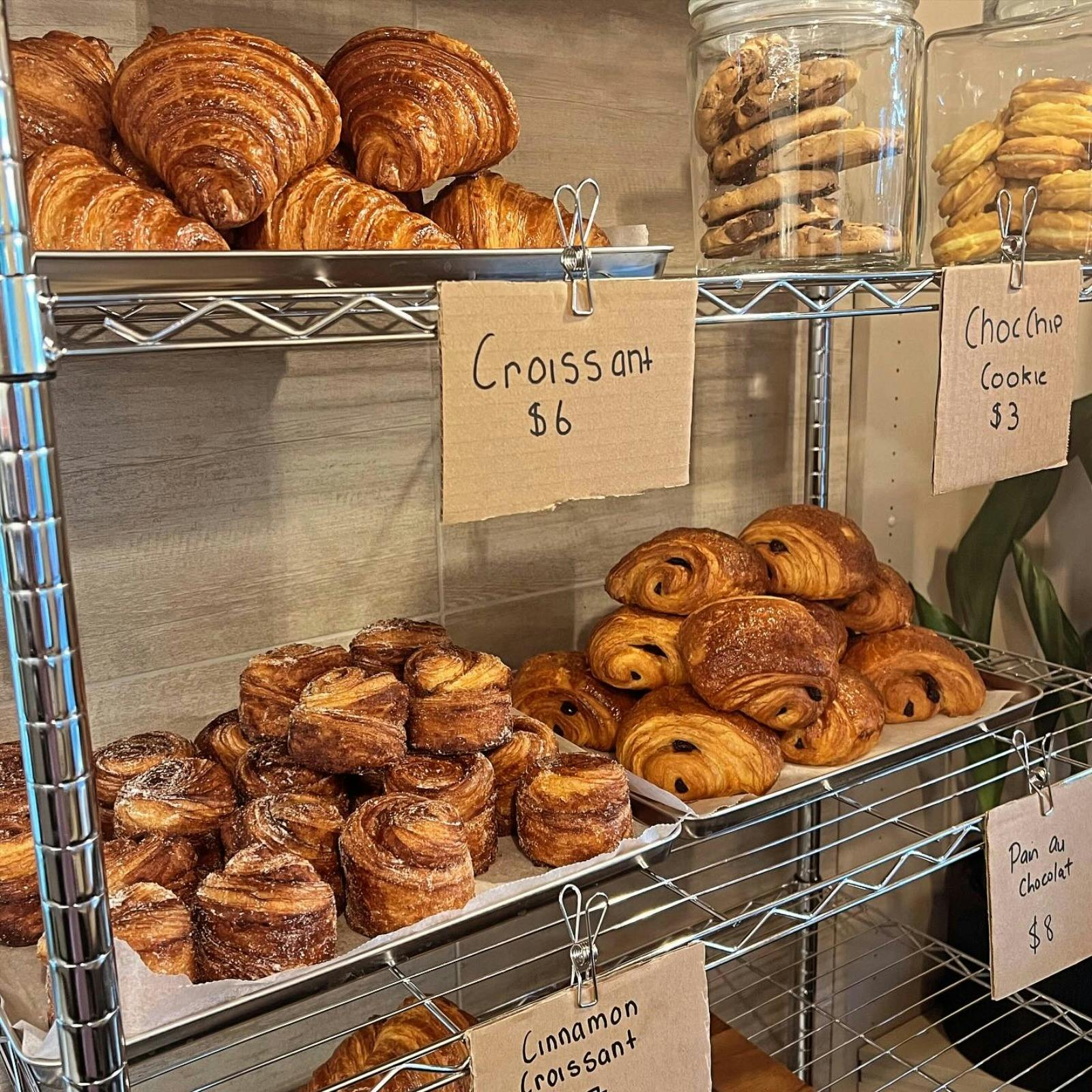 assorted pastires, metal shelves