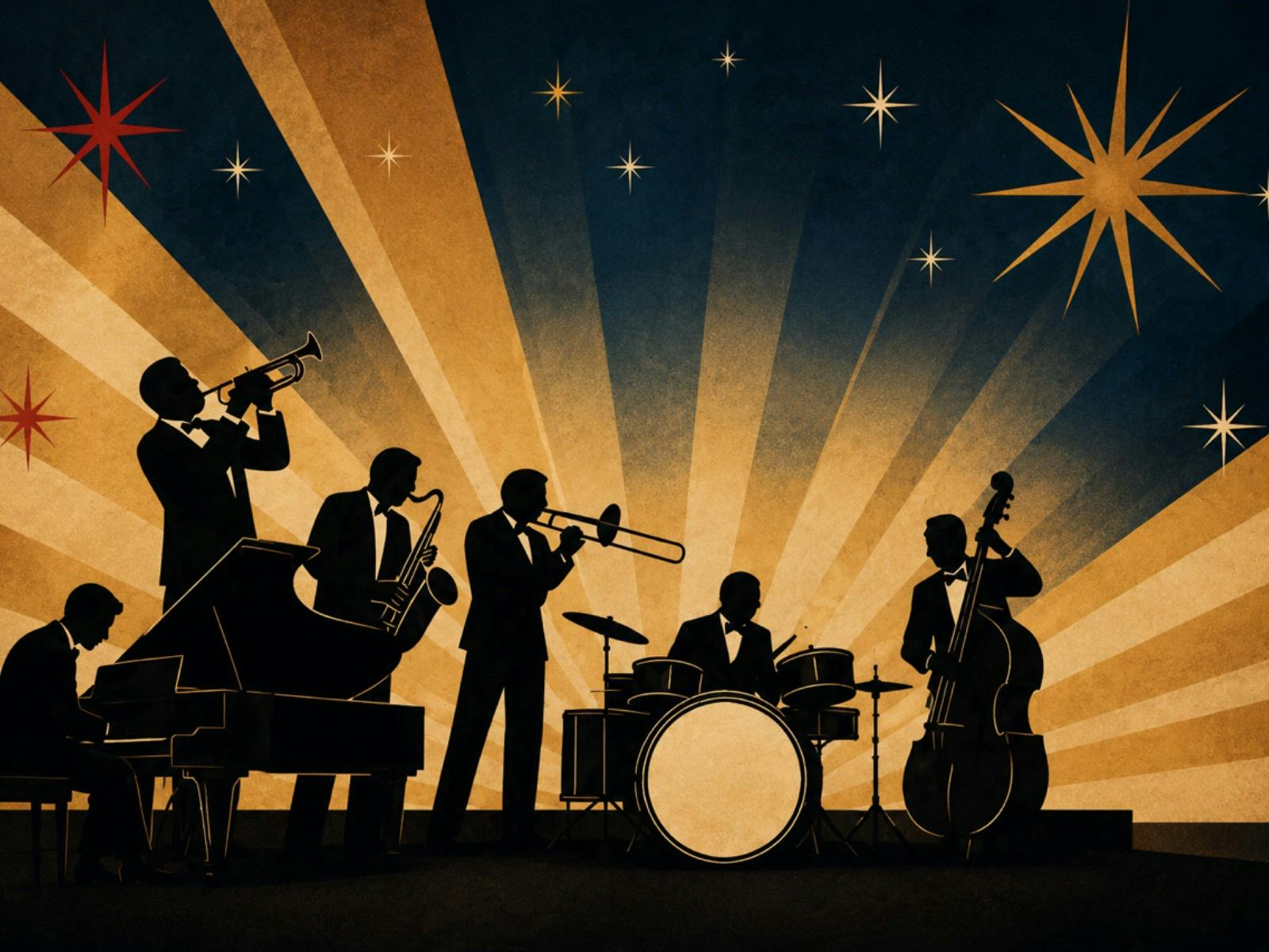 Band as black outline image infront of golden streaks and night stars