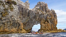 Kayakers paddling beside Wallaby Arch on Port Davey