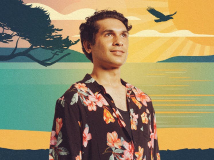 A young boy in a floral shirt looks up at the horizon with a cartoon sun, bird, tree over the ocean