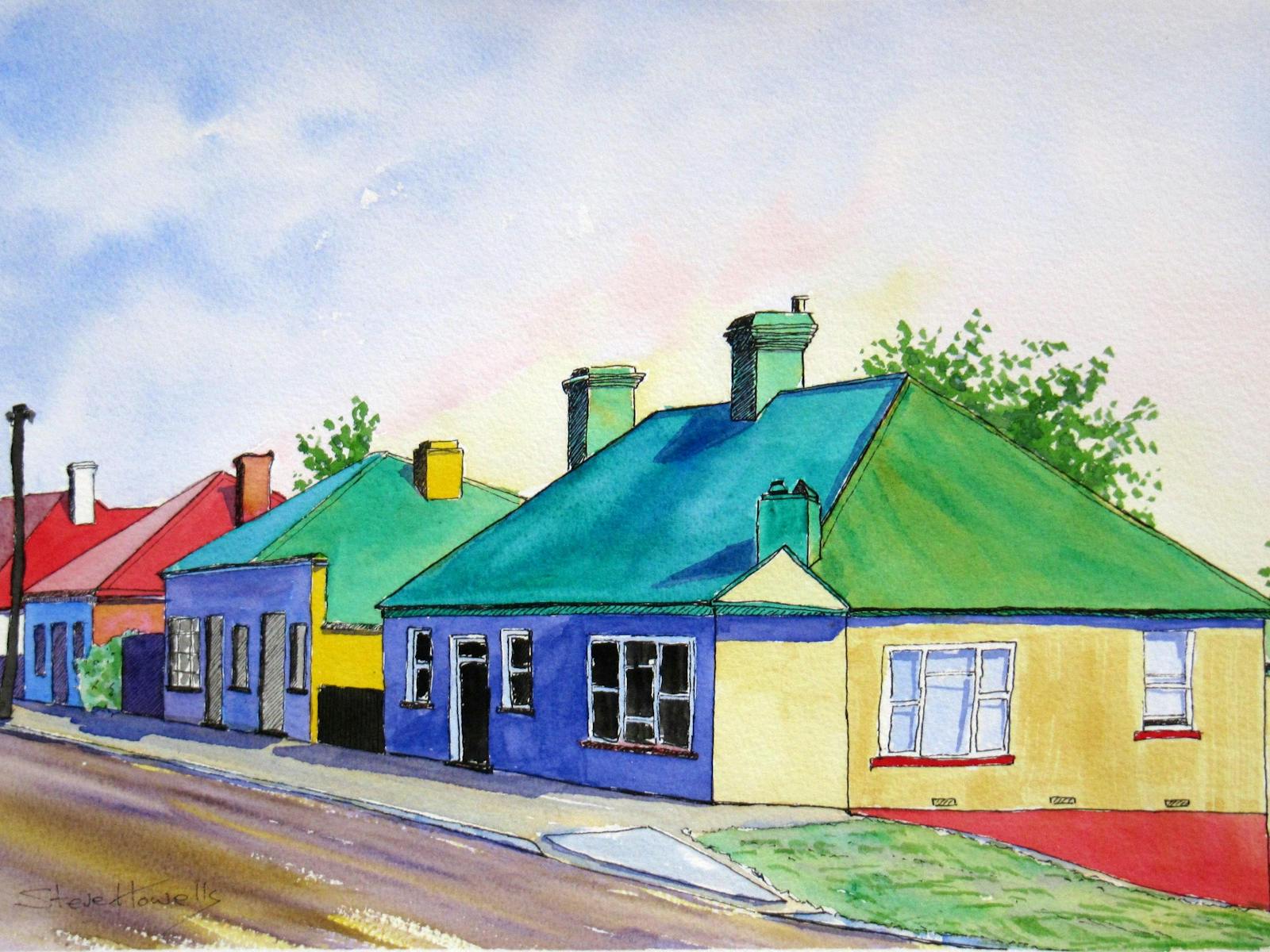 A brightly coloured, vibrant watercolour painting of a group of cottages in Deloraine