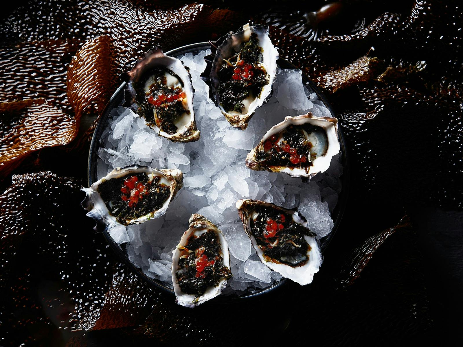 Oysters toped with seaweed and trout roe, served on ice and sitting in a bed of kelp