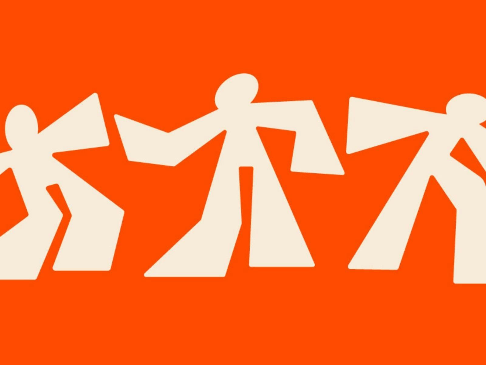 orange background with three angular dancing figures