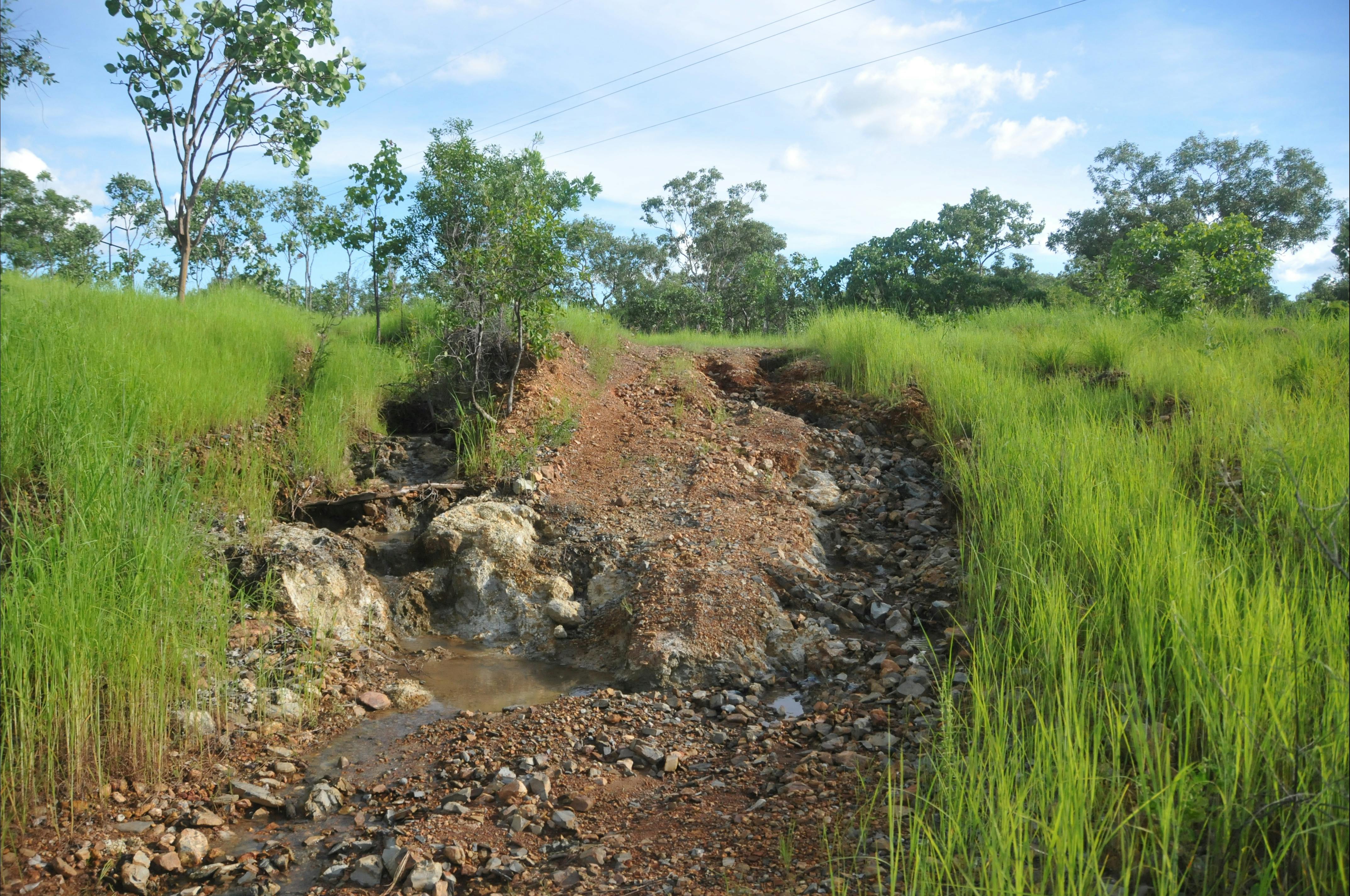 Access road to the explosive magazines. The road leads to a small creek crossing and low lying areas