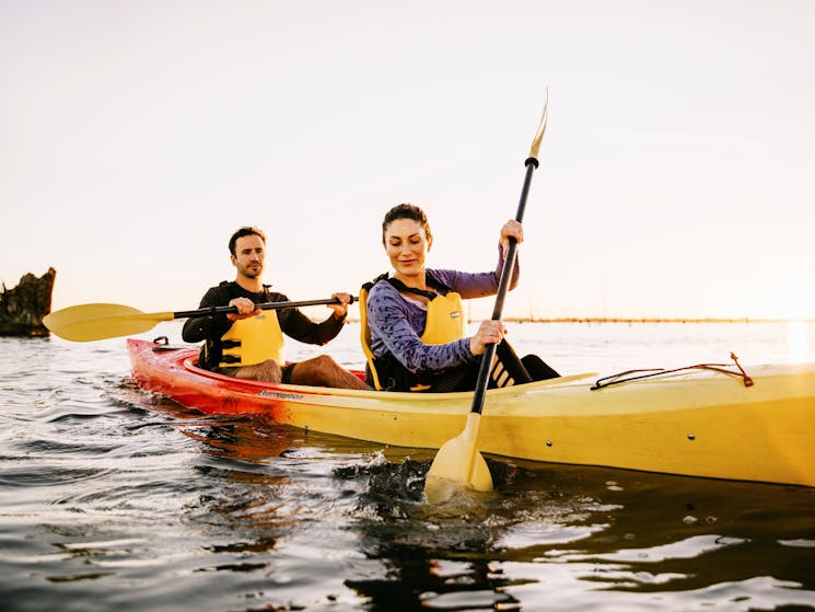 Couple in a yellow kayak on Lake Mulwala