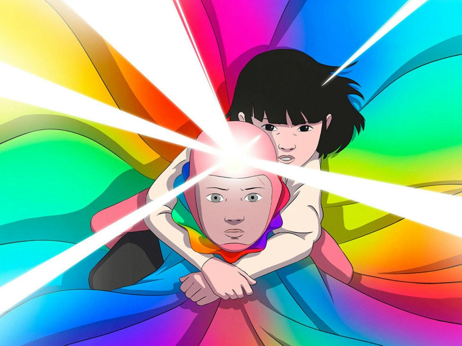 A girl with black hair and a young boy with a colourful cape both flying