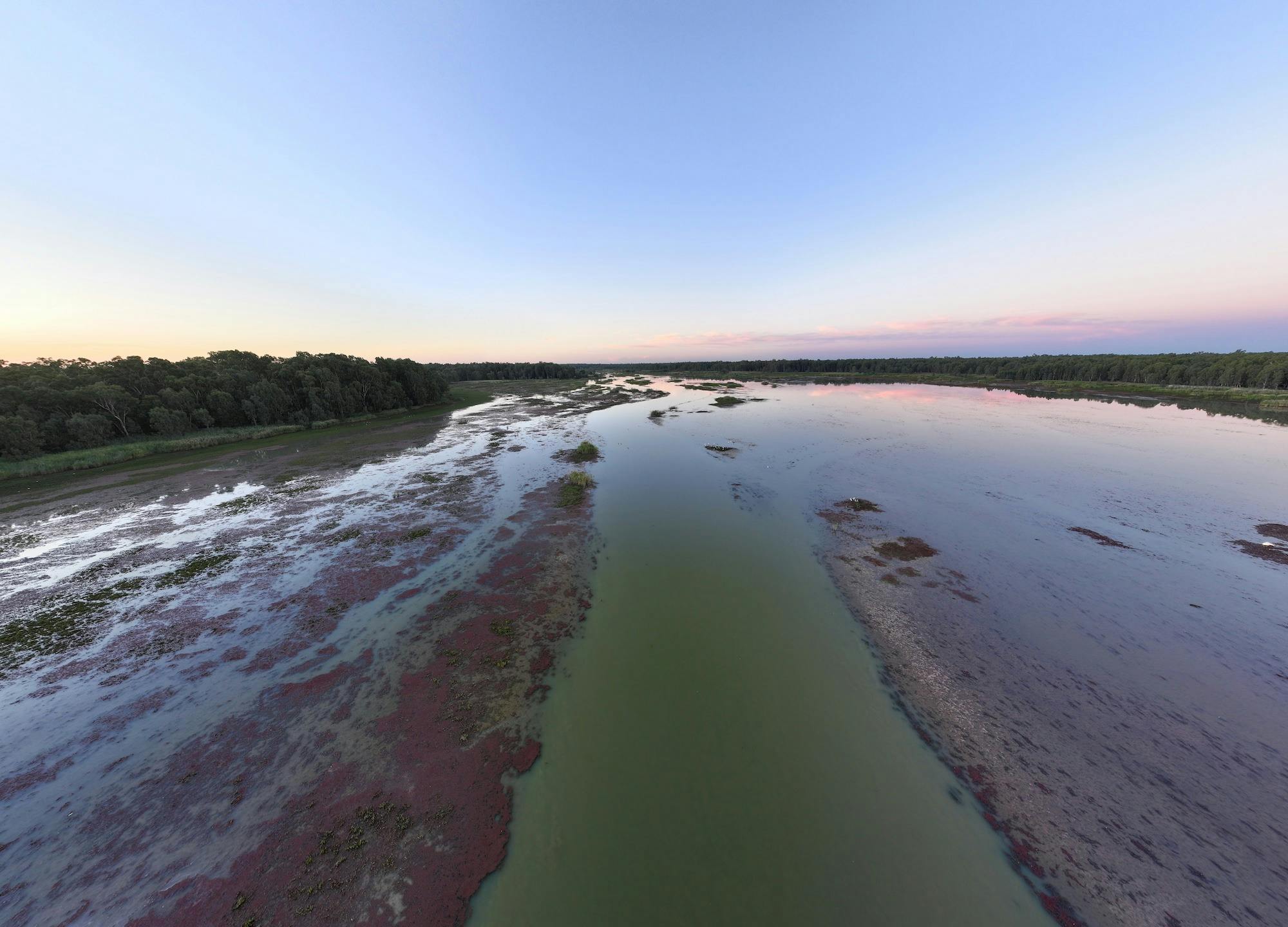 Wide view of Barmah wetlands floodplain with water, trees, and evening sky.
