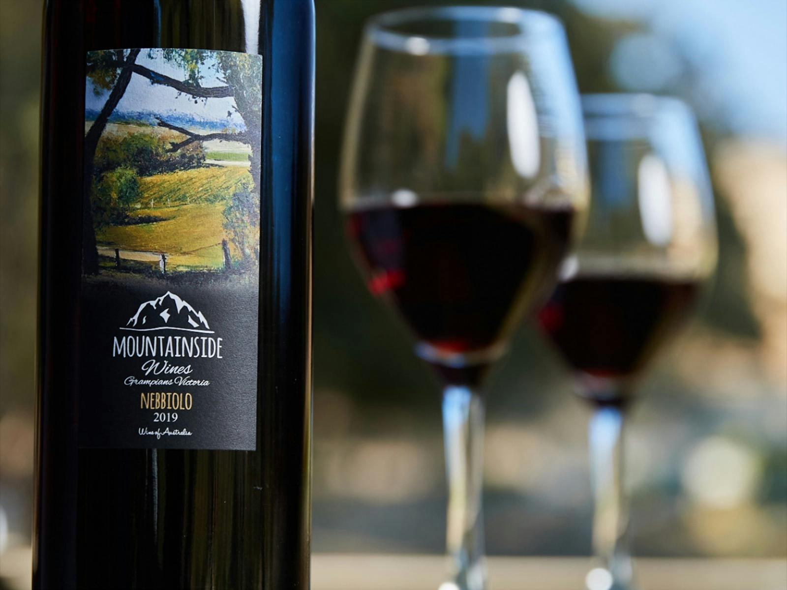 Mountainside Wines bottle of Nebbiolo with 2 glasses