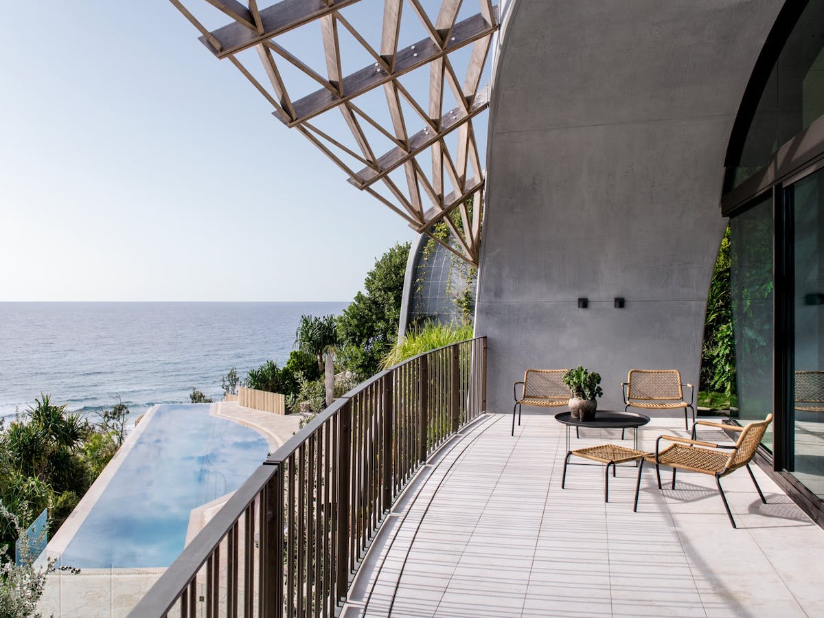 Luxury balcony overlooking Sunshine Beach and the pool at Domic Noosa