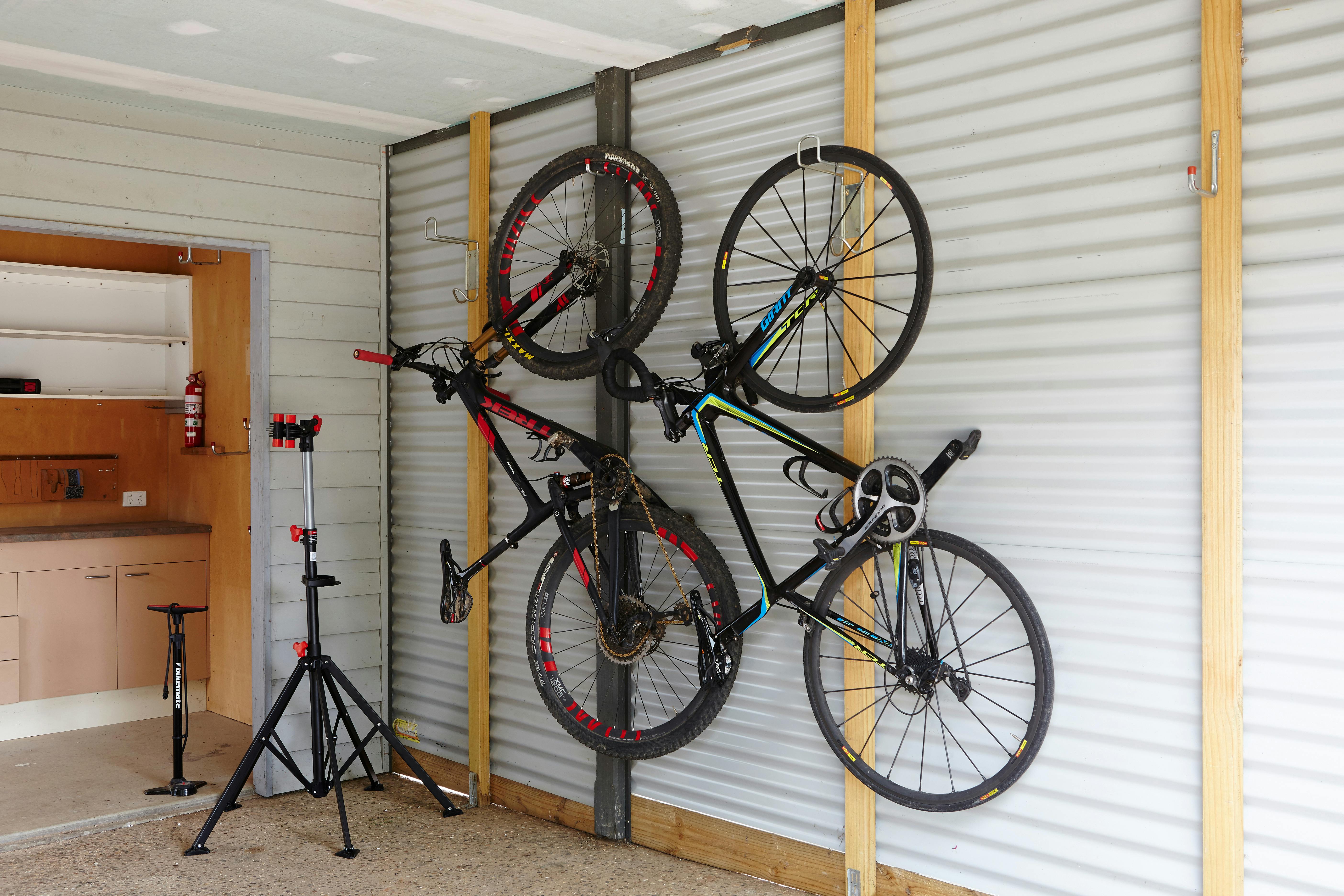 Secure bike storage, bike tools and stand provided