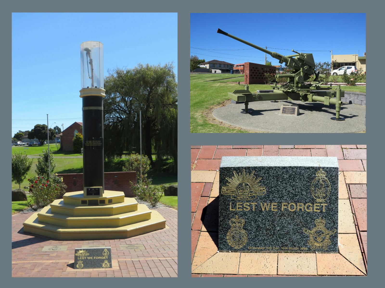Lest We Forget - plaque, cenotaph, and Bofors gun