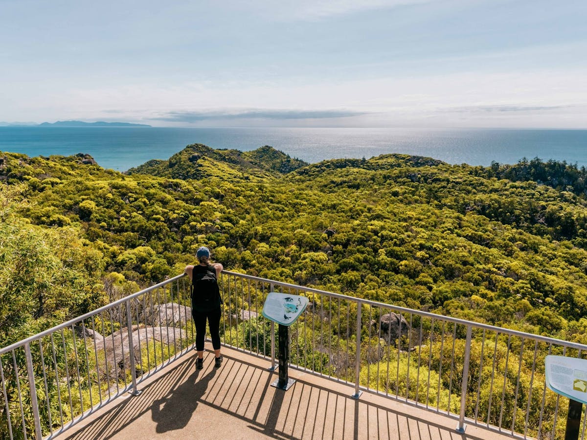 Person standing at lookout lookout out over green trees to the blue ocean.