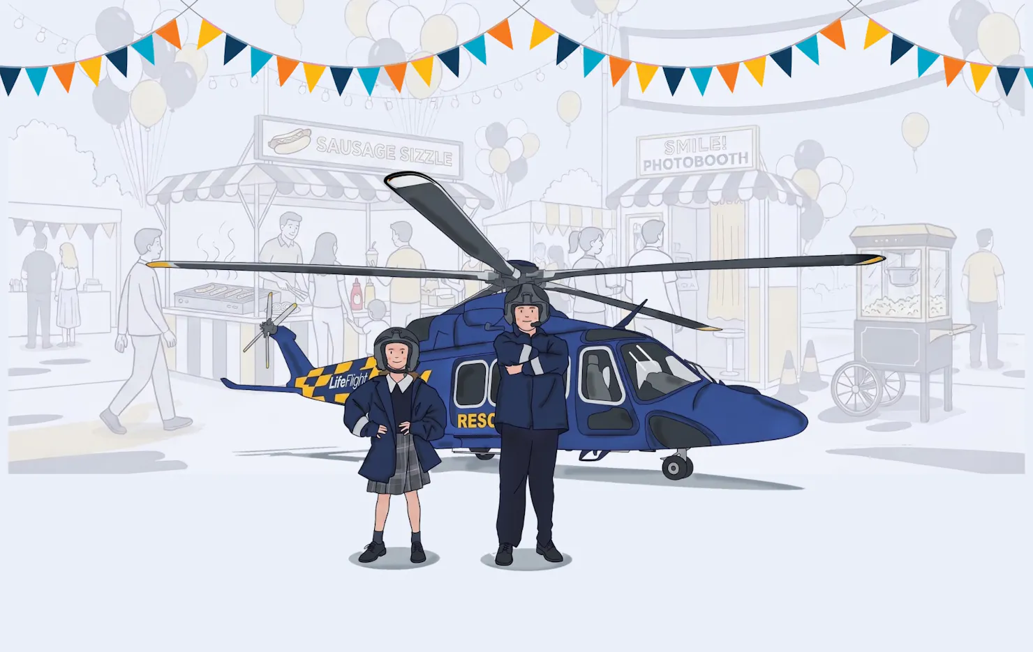 Kids standing in front of helicopter at festival