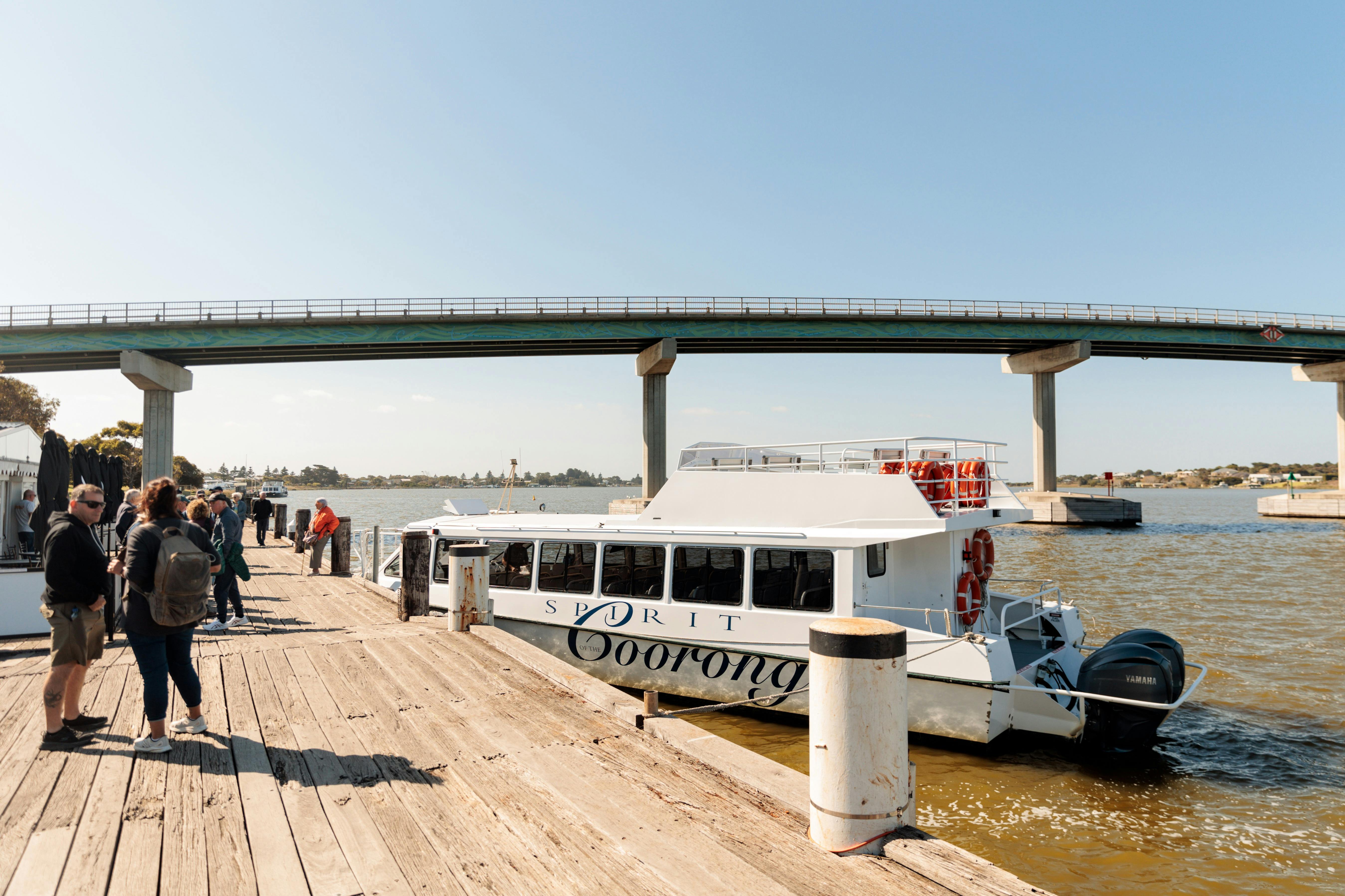 The vessel 'Spirit of the Coorong' ready for boarding at the Main Wharf in Goolwa.