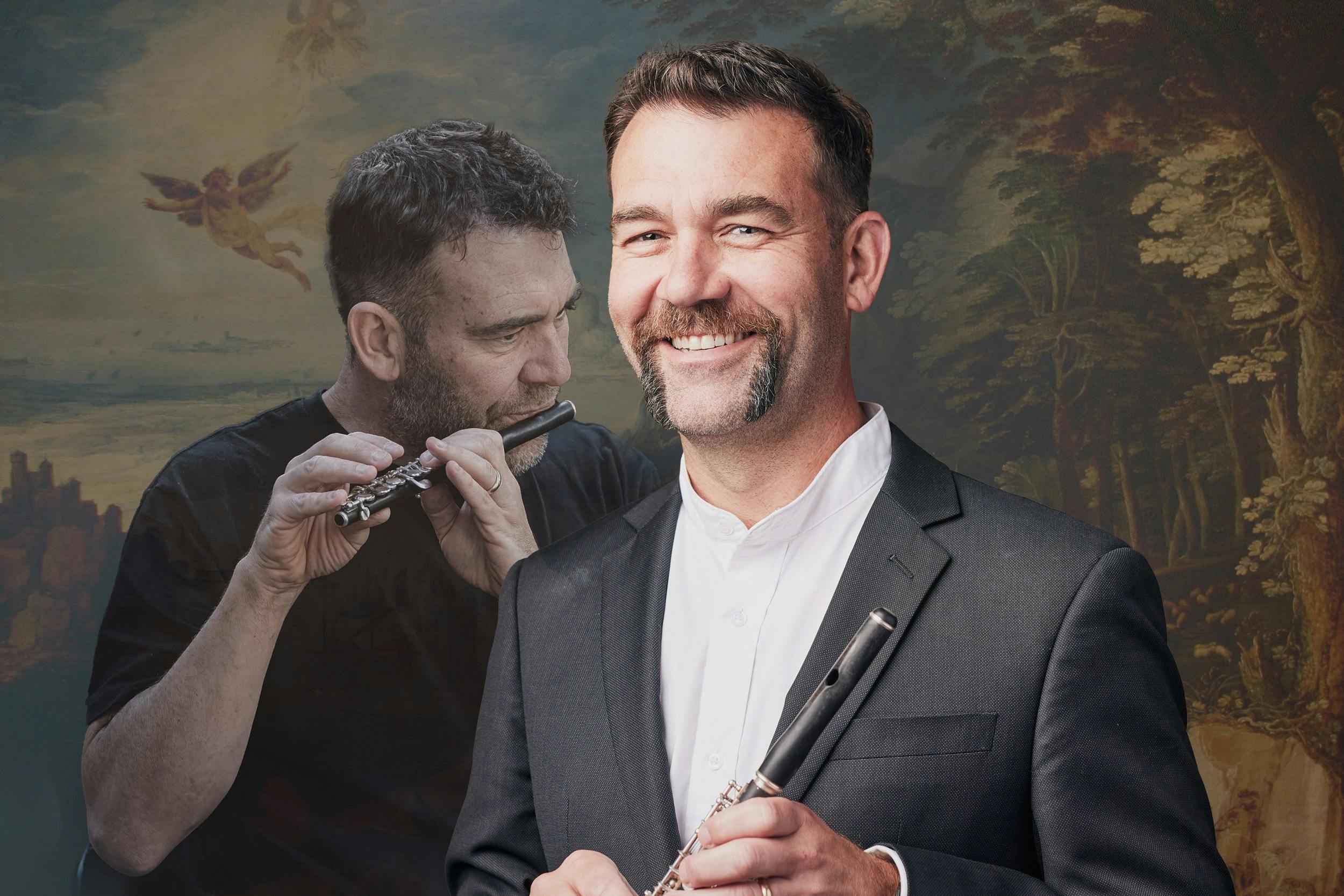 Lloyd Hudson in a suit holding a flute and smiling in the foreground, with a semi-transparent overla