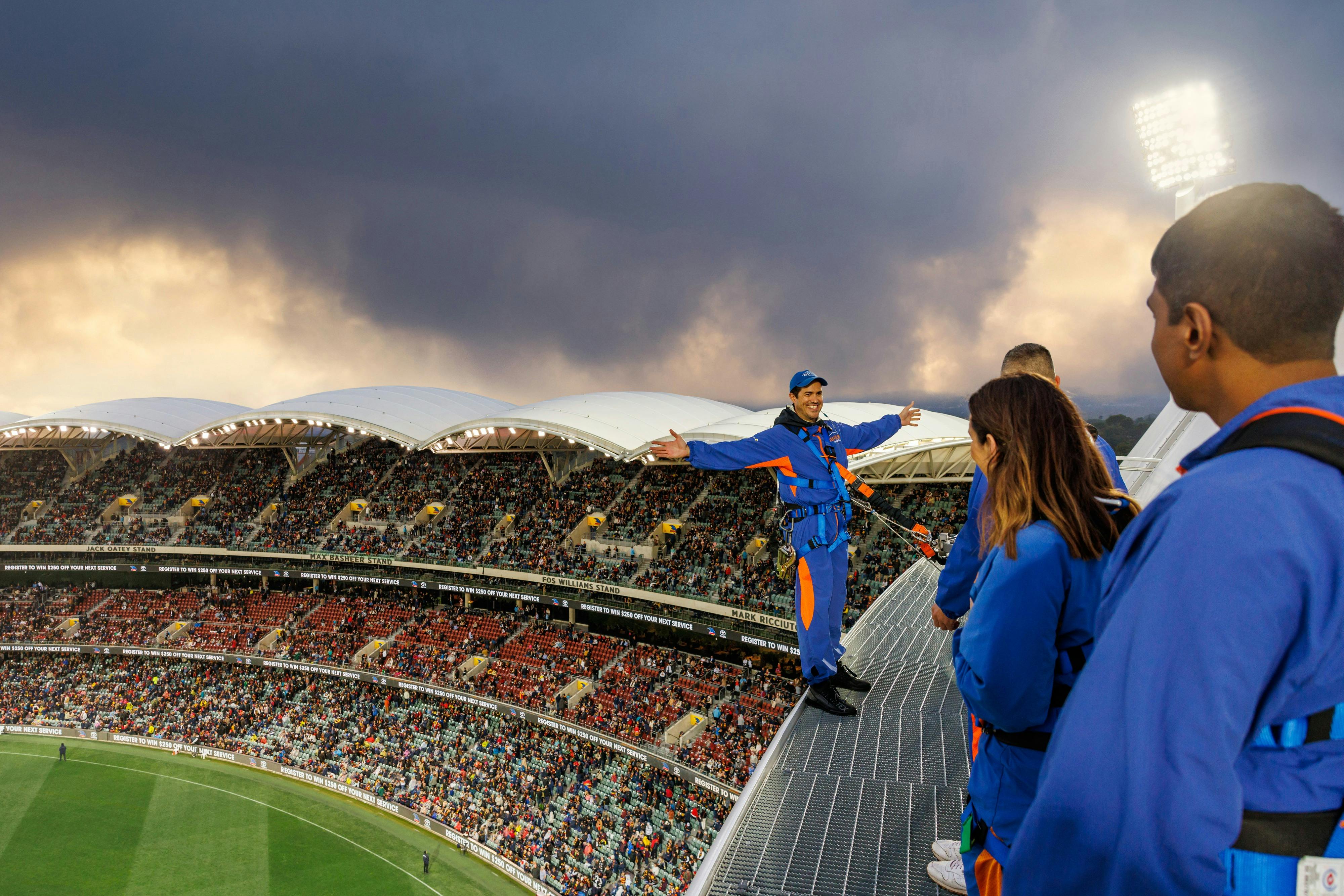 Person leaning off roof of Adelaide Oval