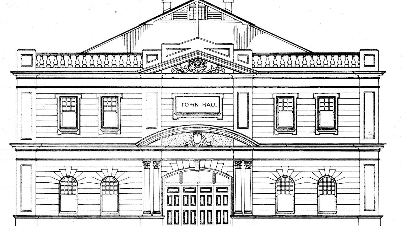 Sketch of Clare Town Hall by Christopher Smith the architect