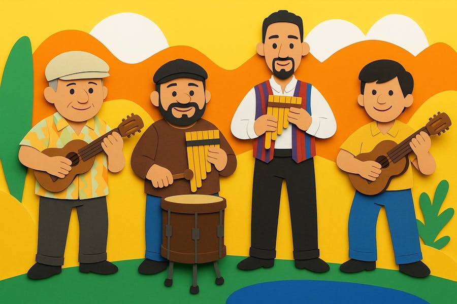 Illustration of 4 men playing instruments
