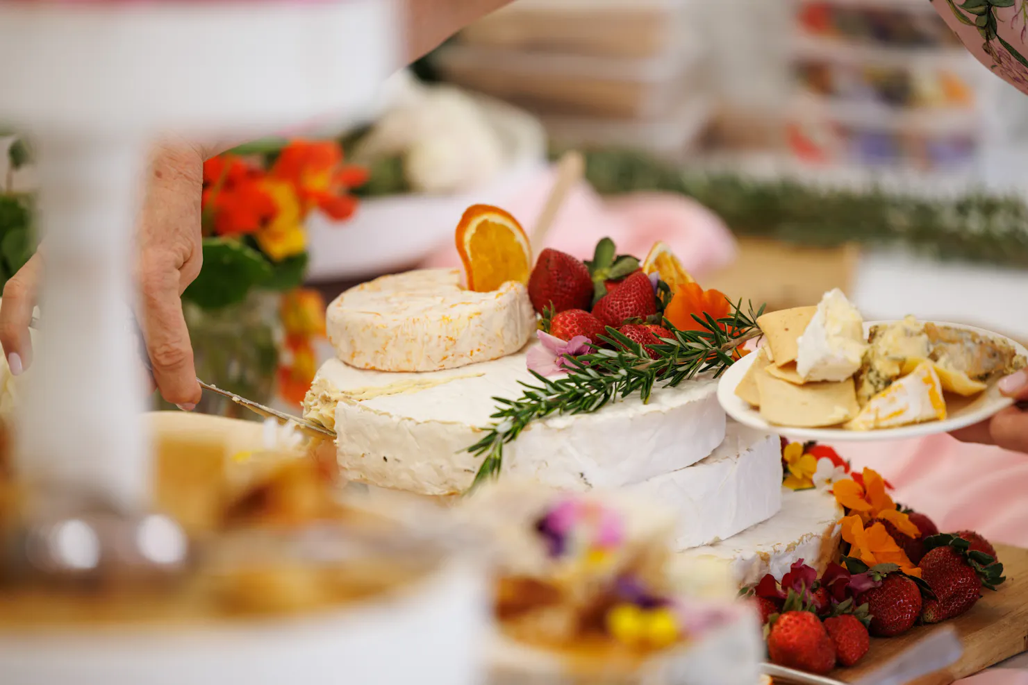 Close up of a charcuterie board with cheese and fruits
