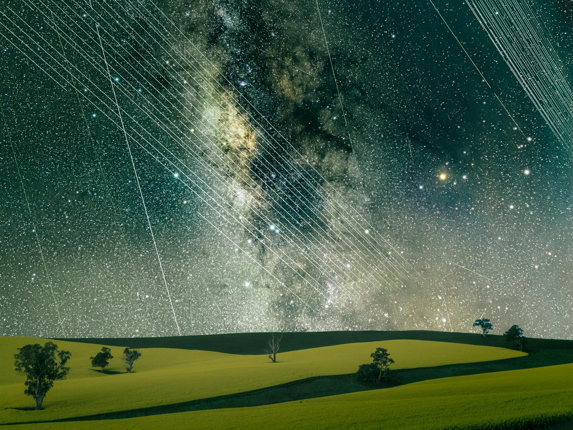 Satellite Trails, Canola fields and Milky Way
