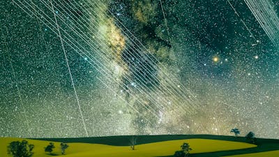 Satellite Trails, Canola fields and Milky Way