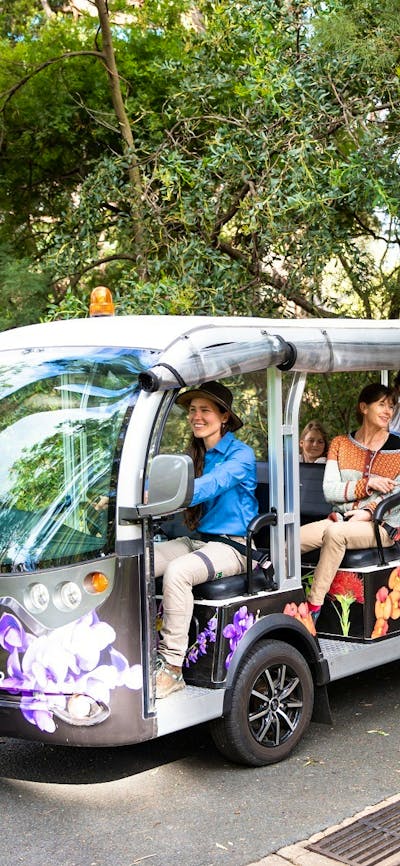 Adults and children on board the Flora Explorer electric bus