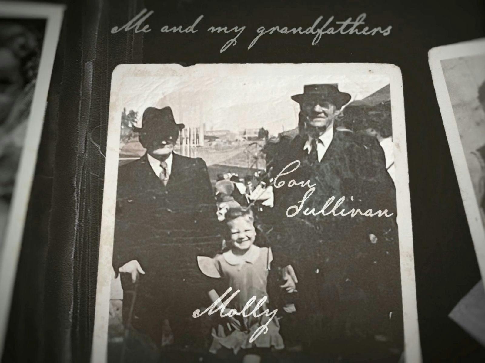 Colleano Heart film preview - black and white - two men in suits and hats and a child