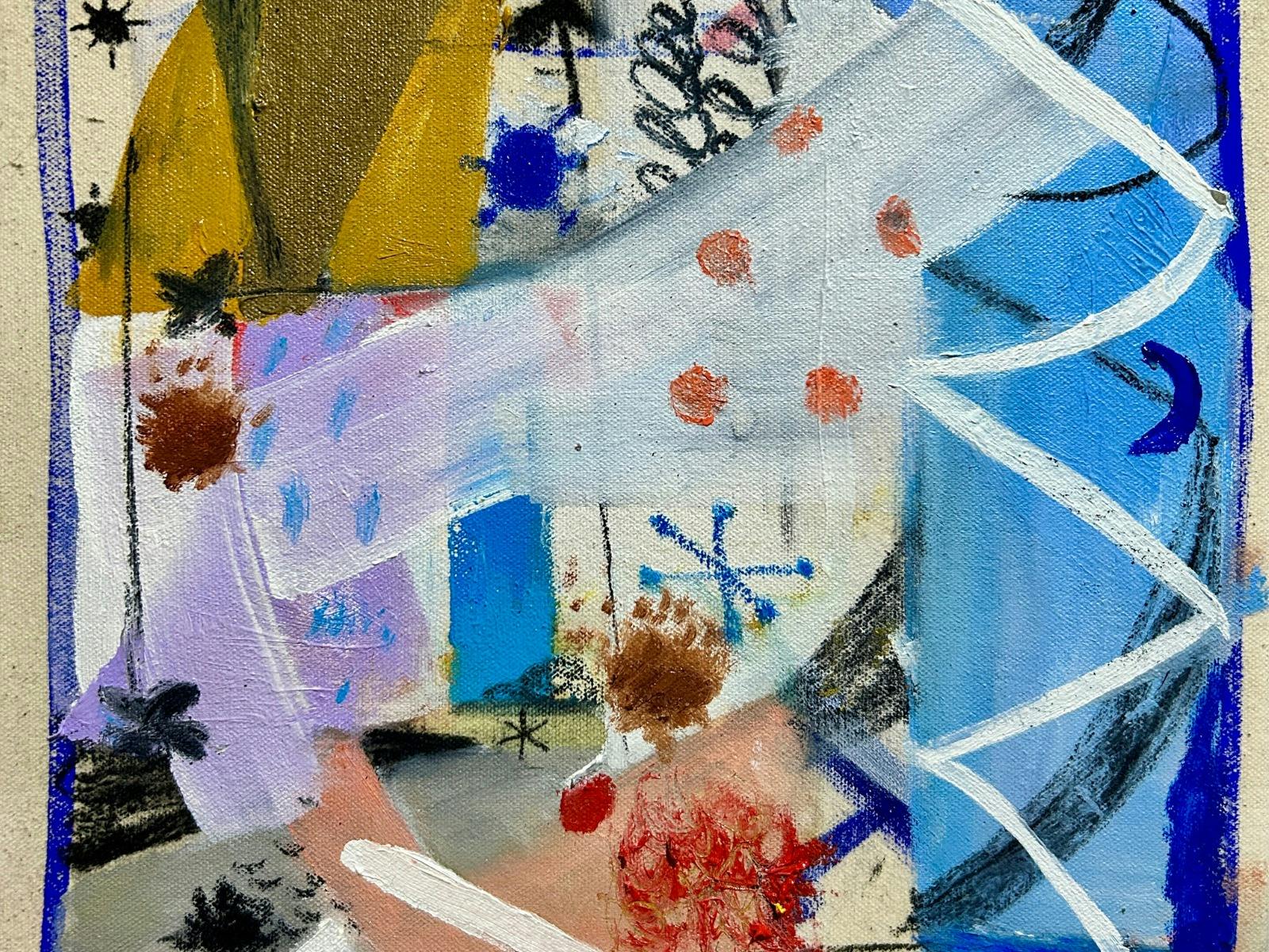 Abstract shapes including dots and lines, colours such as mustard, blues, back, white & reds,