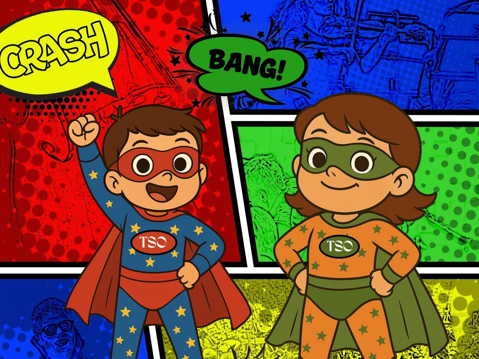 A cartoon image of a boy and a girl wearing superhero costumes.