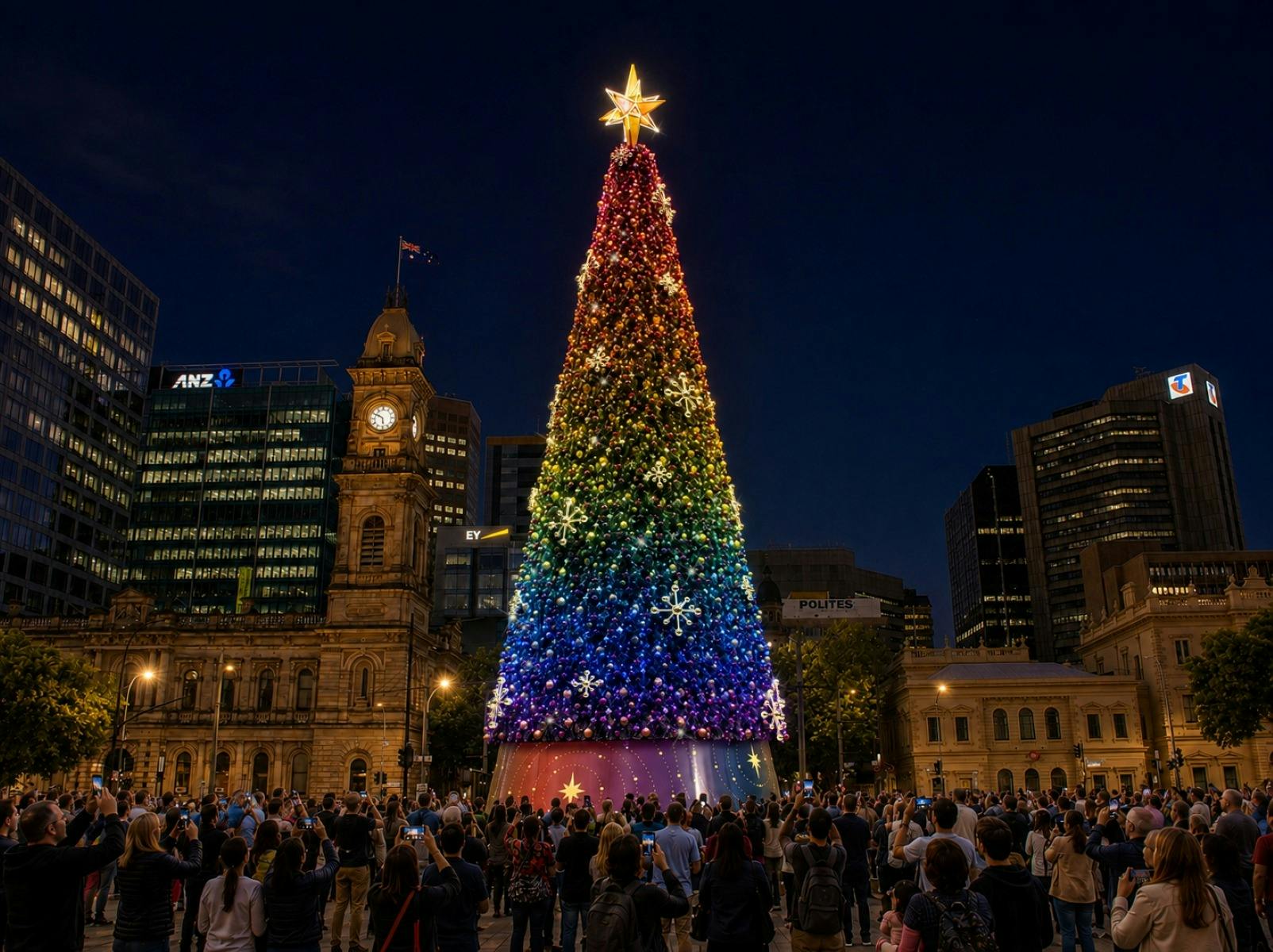 Artists render of Adeliade's new christmas tree at night, mulitcoloured lighting state with a crowd