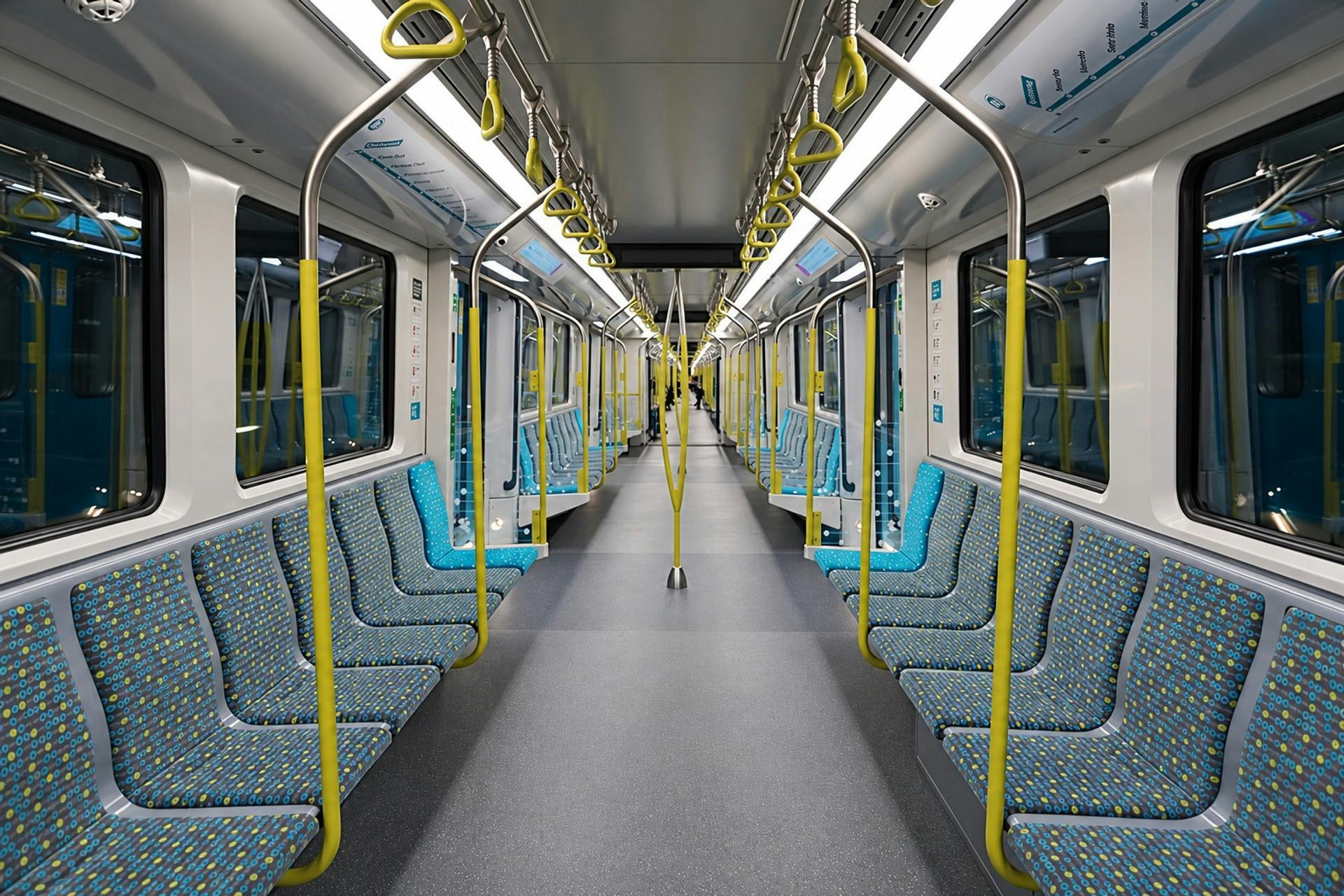 Sydney Metro carriage interior with blue seats, yellow handrails and an open central aisle.