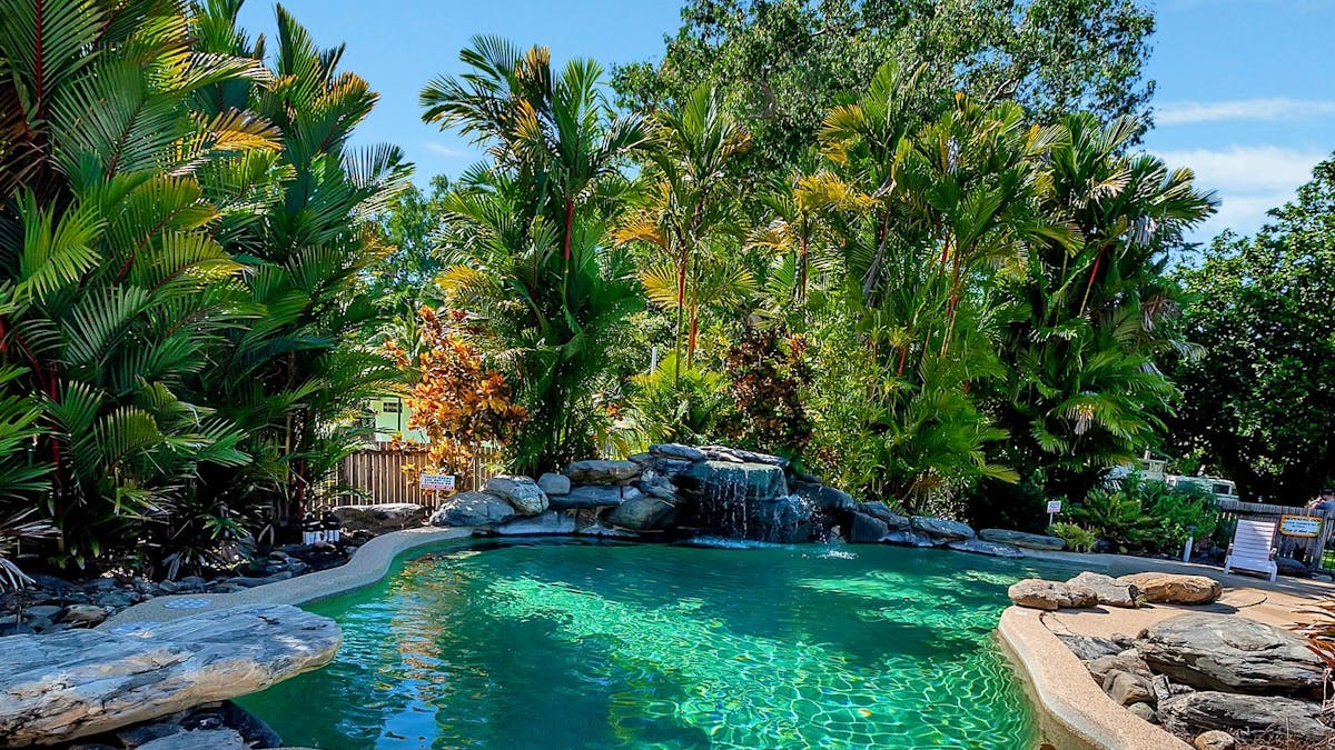 Resort pool surrounded by lush tropical garden