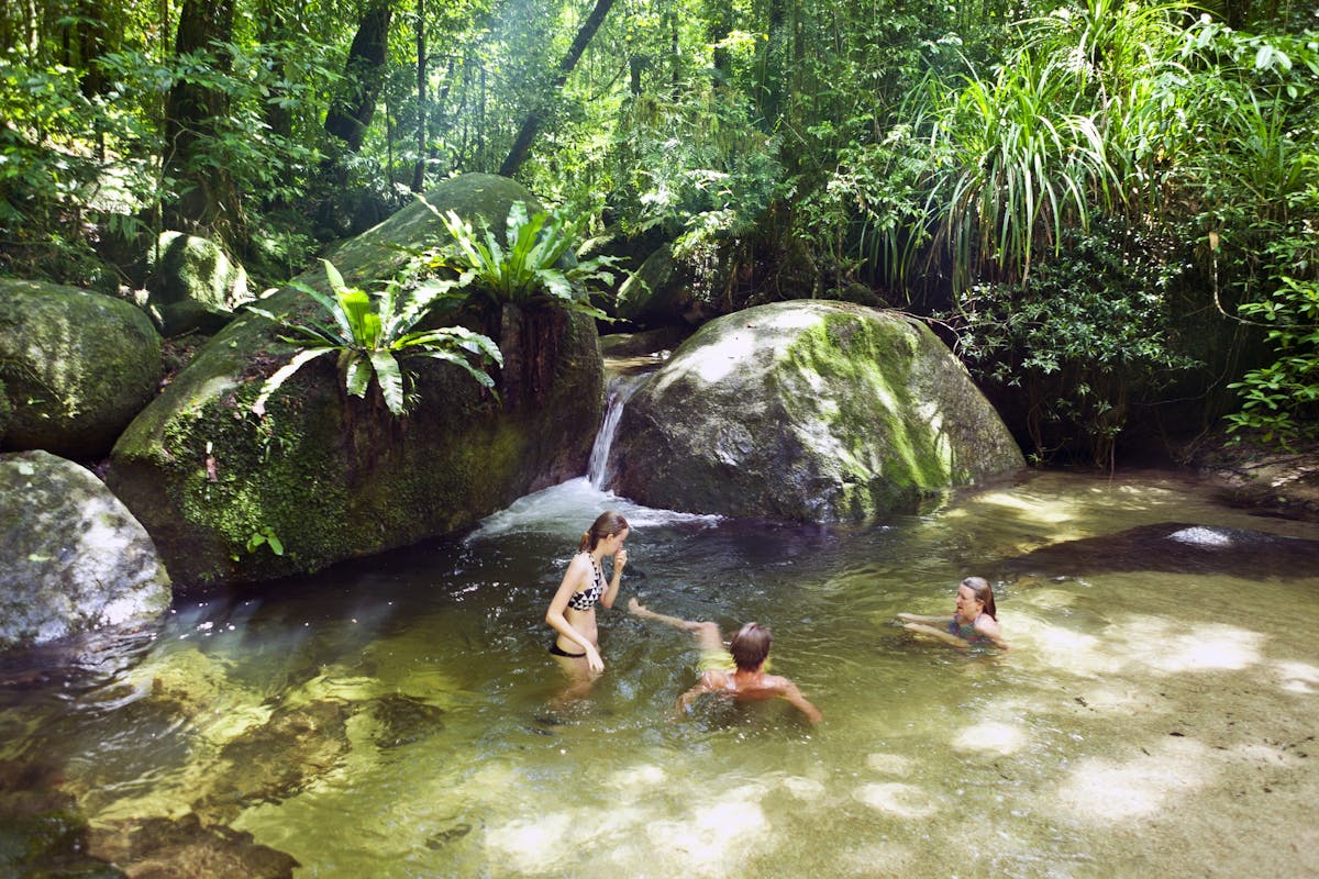 People swim in the pristine waters of Mossman Gorge amongst the oldest rainforest on earth