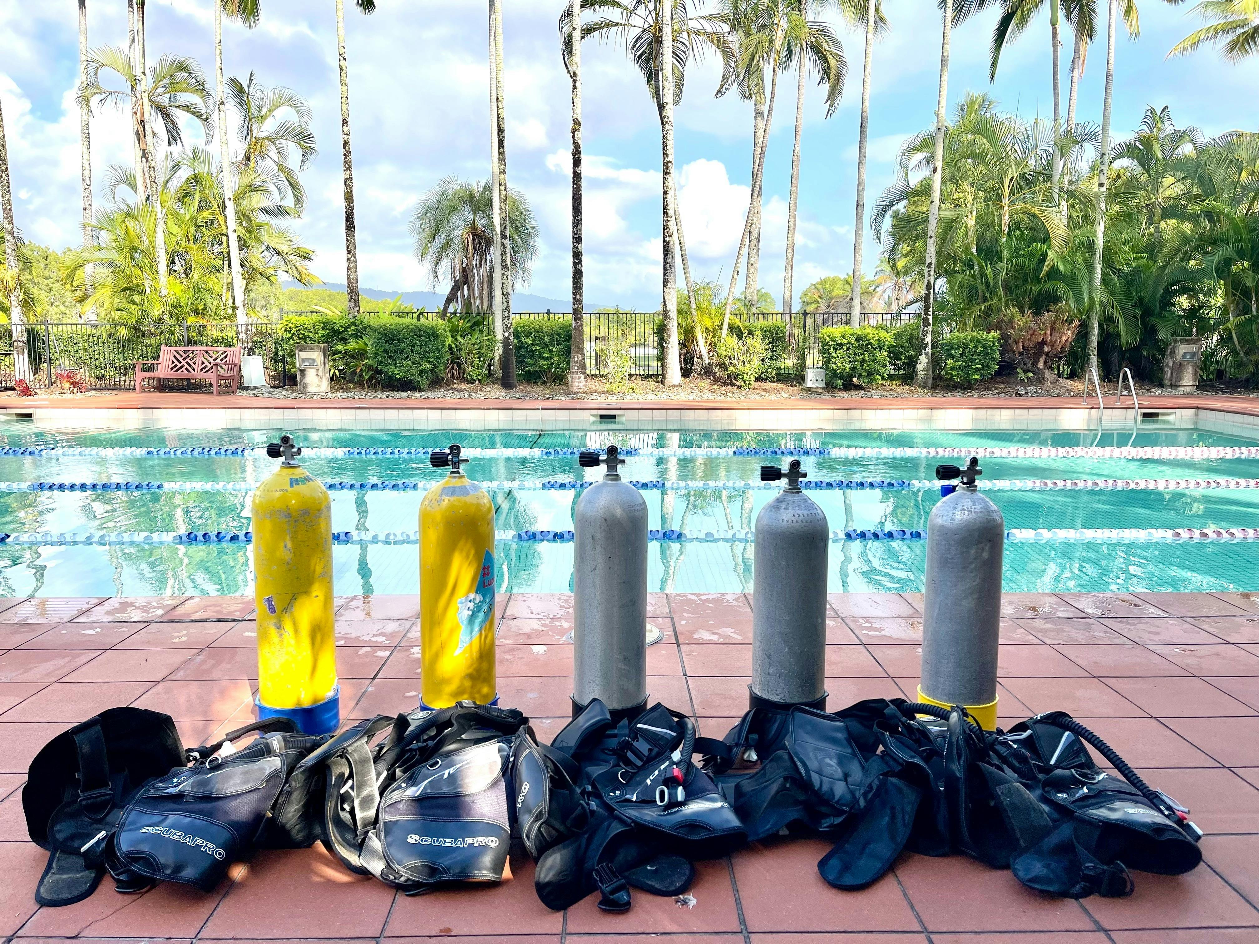 Scuba tanks ready for pool training