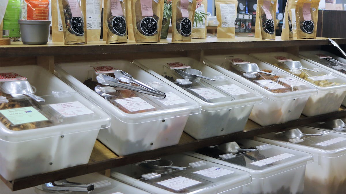 Bulk bins contain our amazing wholefoods.