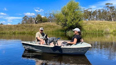 Man, woman & dog in small rowboat on water, blue sky, grass & trees behind