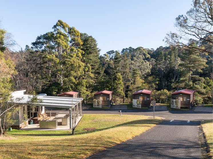 3 cabins in caravan park with bbq area