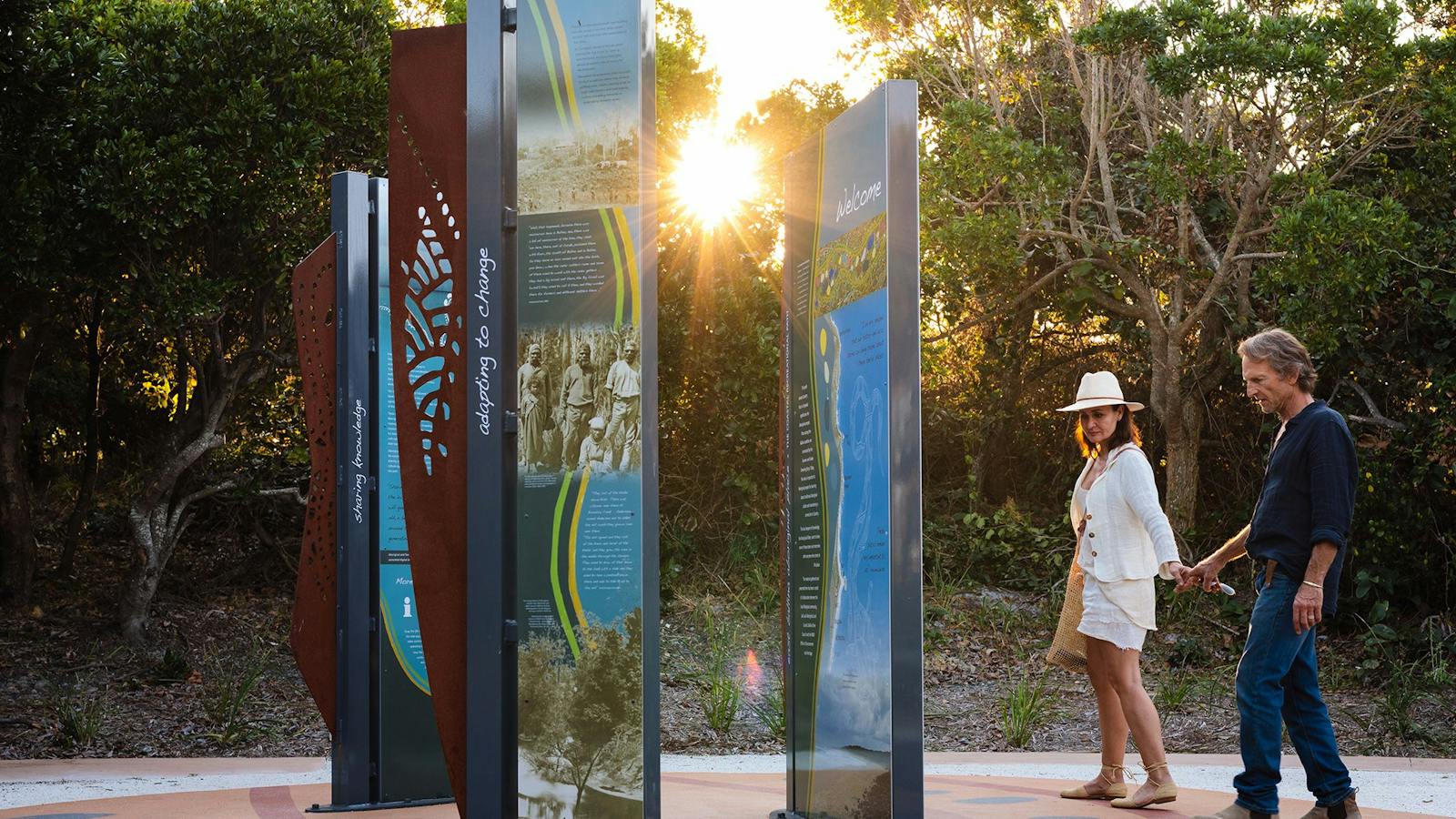 Viewing Aboriginal interpretive panels at Angels Beach node