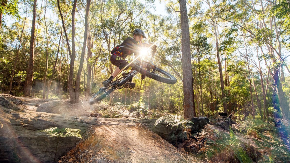Bike rider jumping over log on Bayview Conservation Area track, Redlands Coast