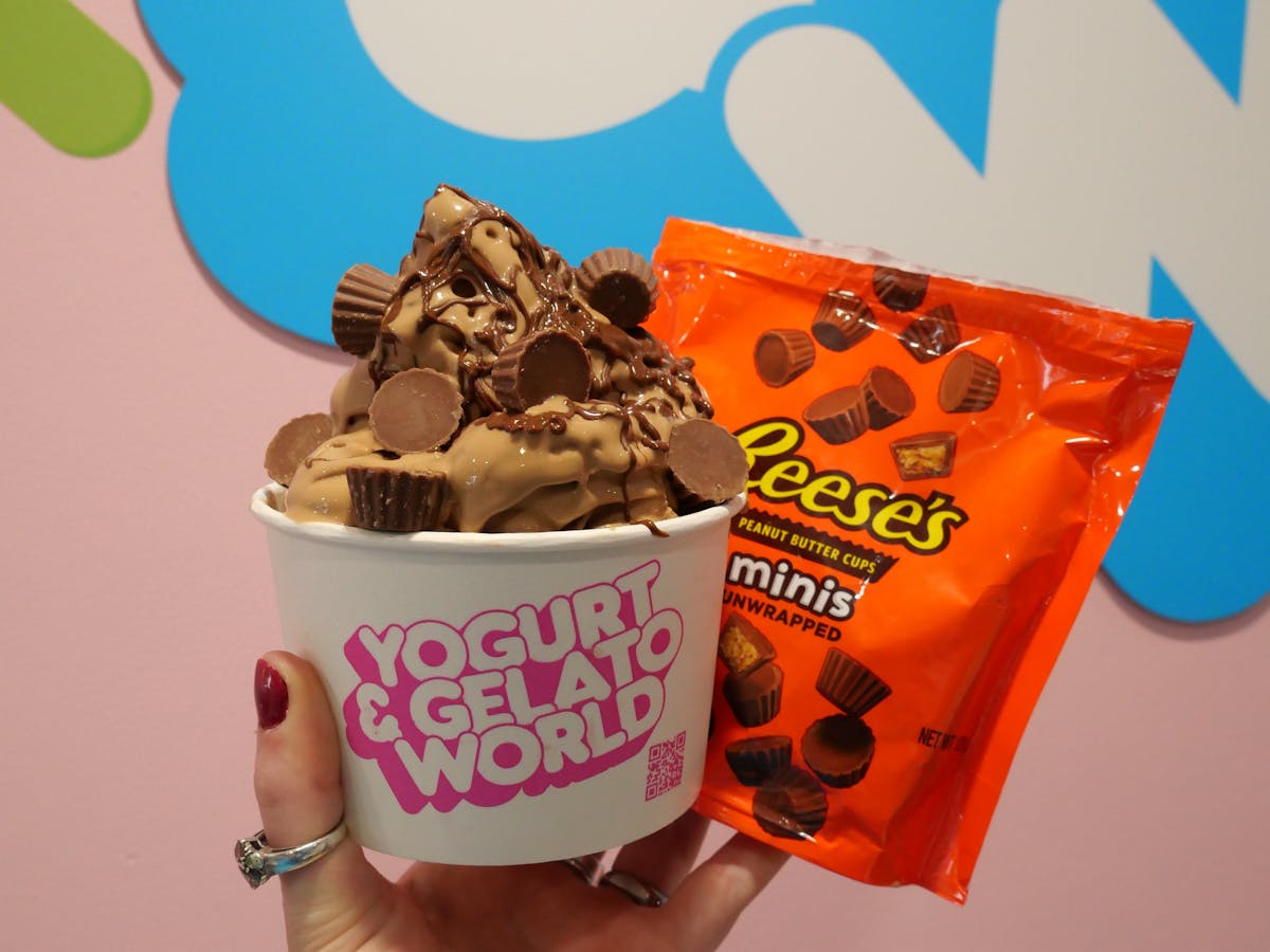 one of our yummy frozen yogurts with recces peanut butter cups on the top