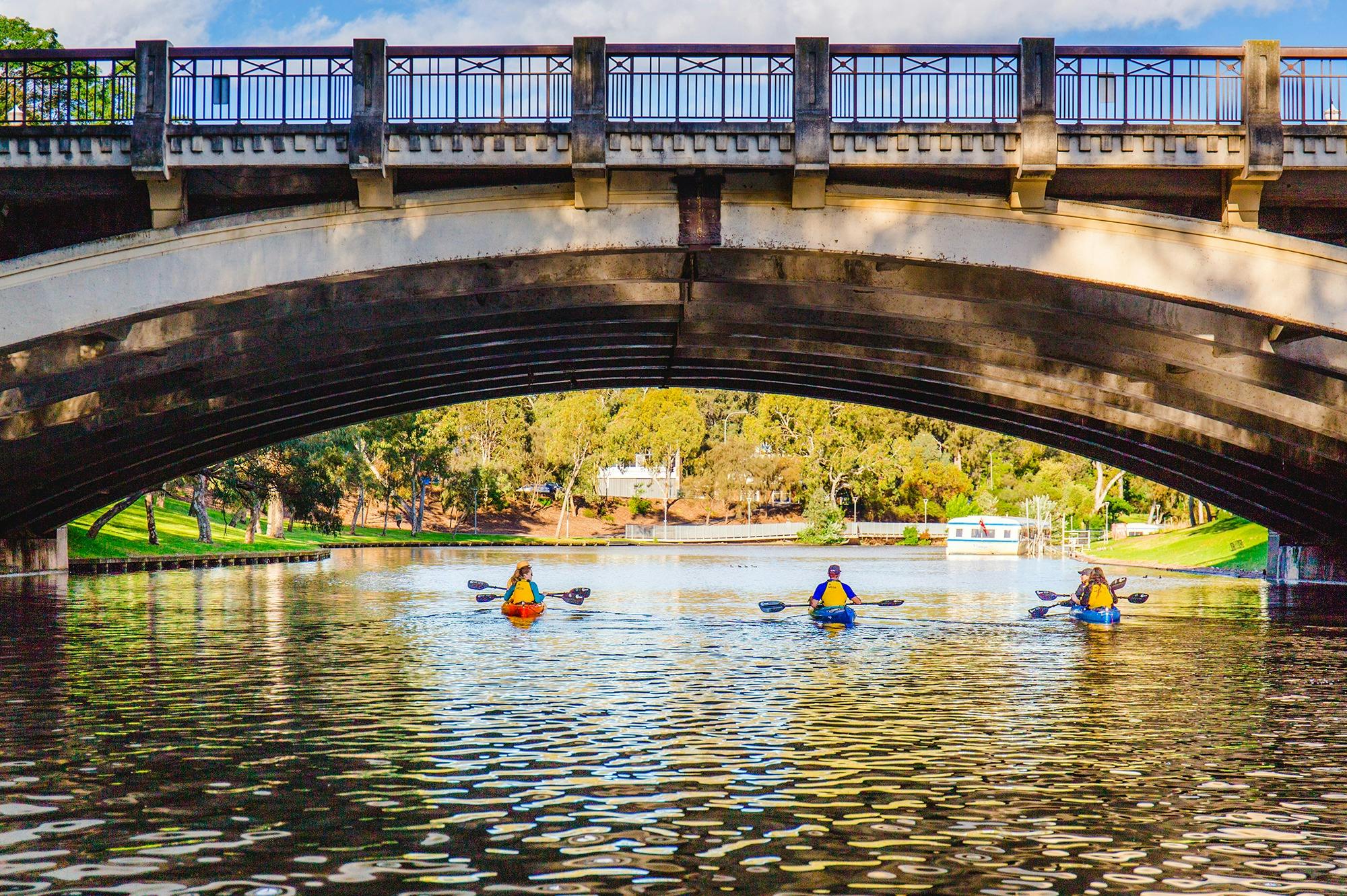 Paddling under one of the many bridge highlights on the tour
