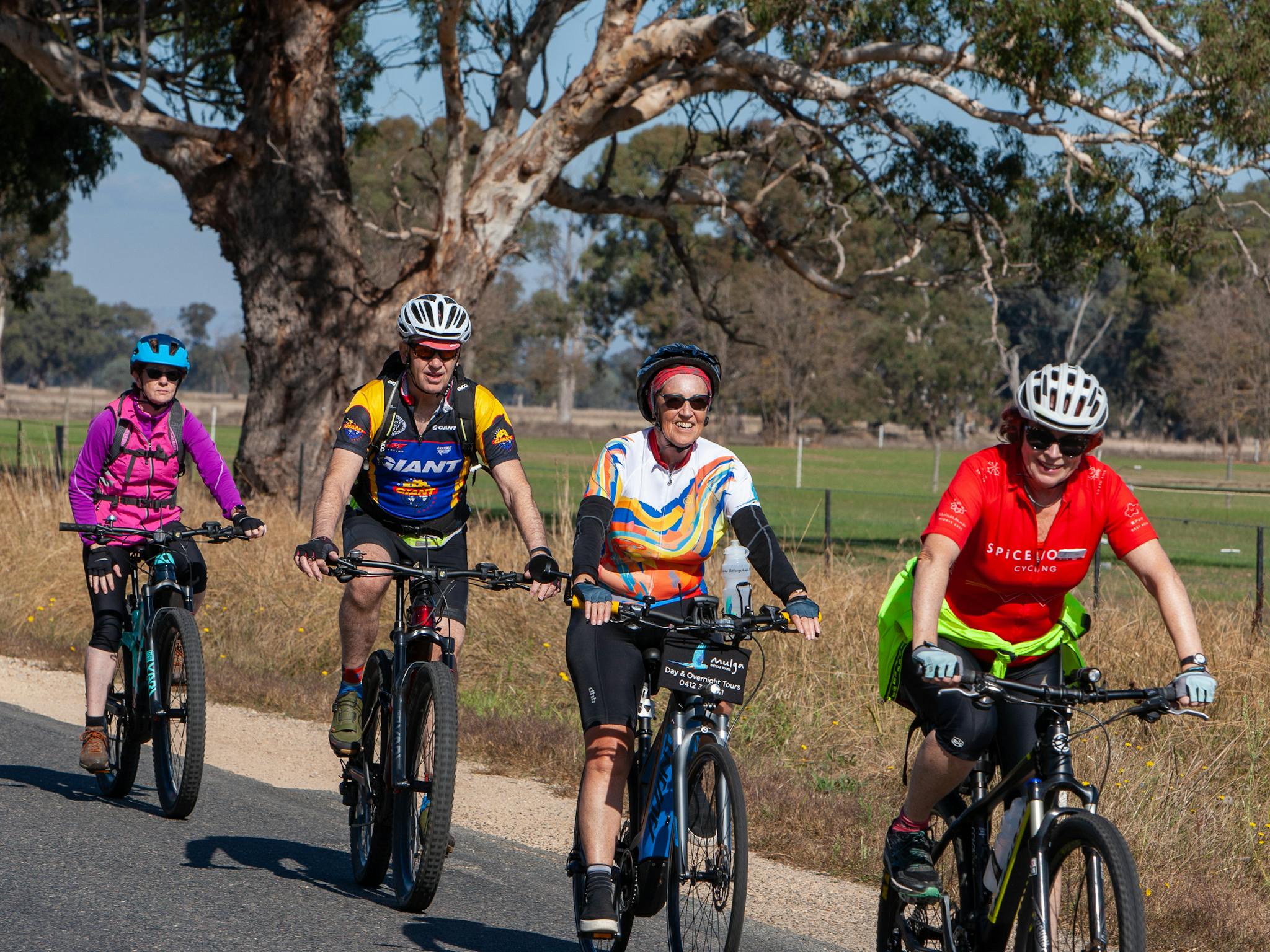 close up of four riders a a quiet country lane. Pasture and blue sky behind them.