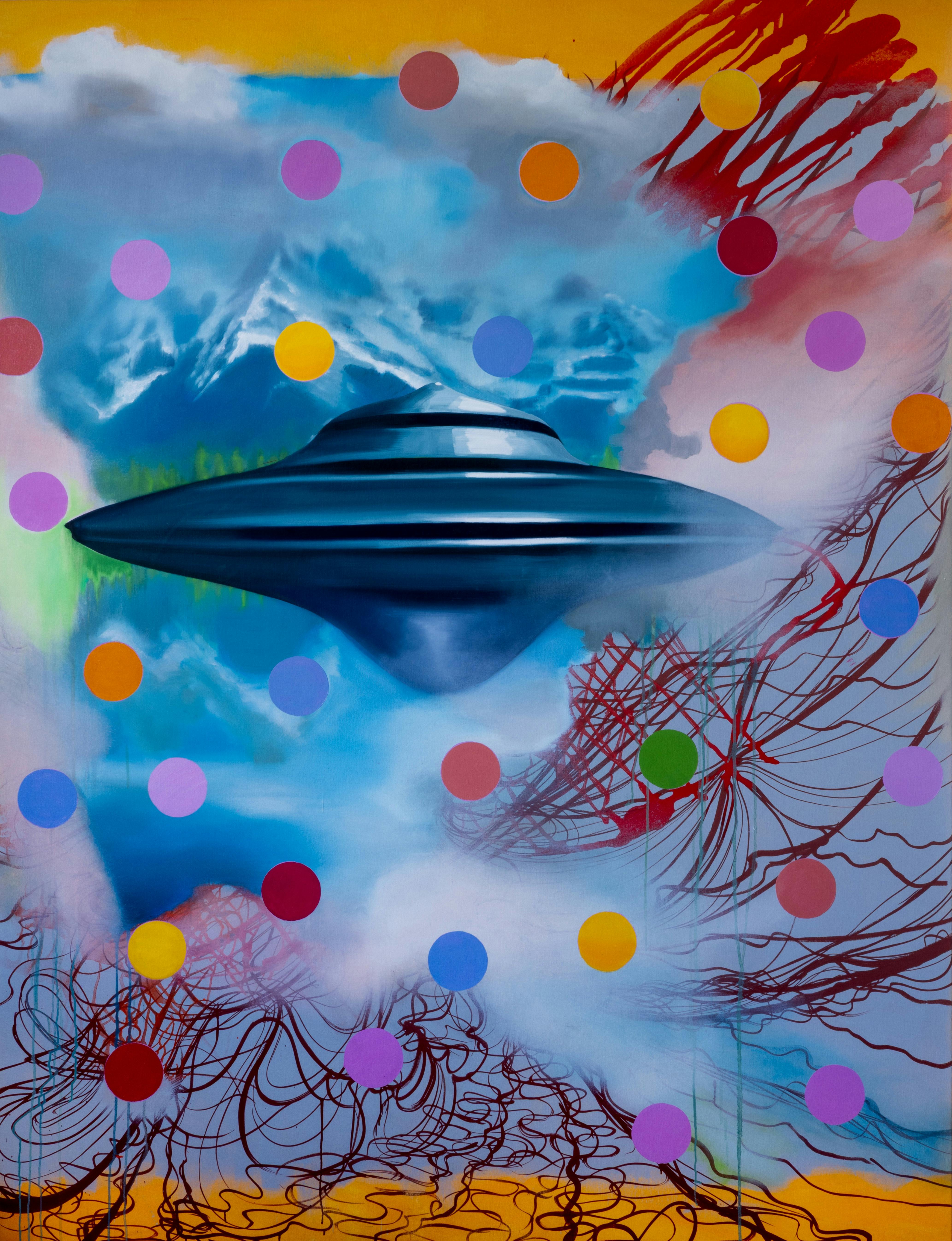 Painting of a flying saucer set against an abstracted sky, with geometric shapes layered throughout.